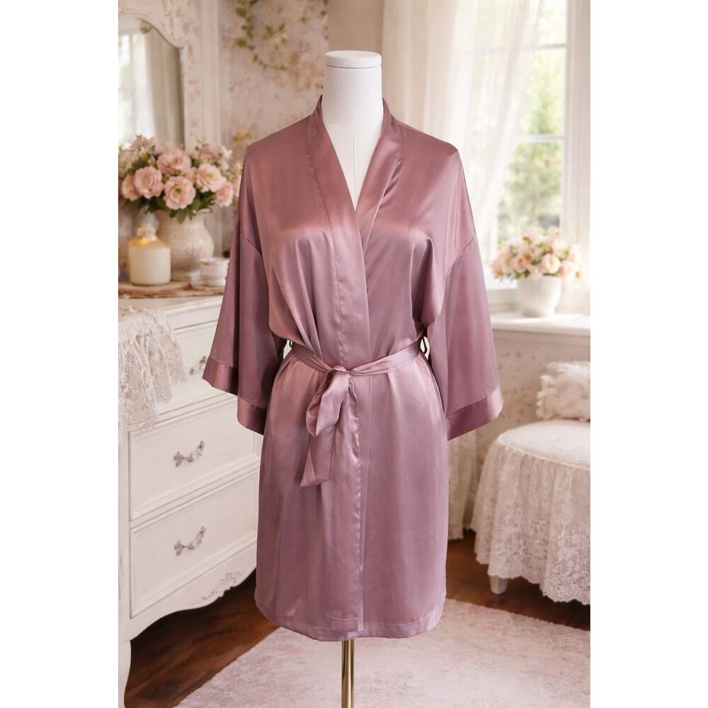 Victorias Secret Short Robe M/L Satin Short Sleeve Tie Waist Romantic Pink Rose